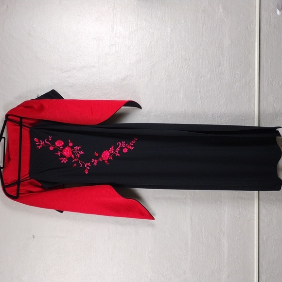 Arianna by Rachel Kaye Black Pink Embroidered Spaghetti Strap Floor Length Gown - Picture 4 of 16